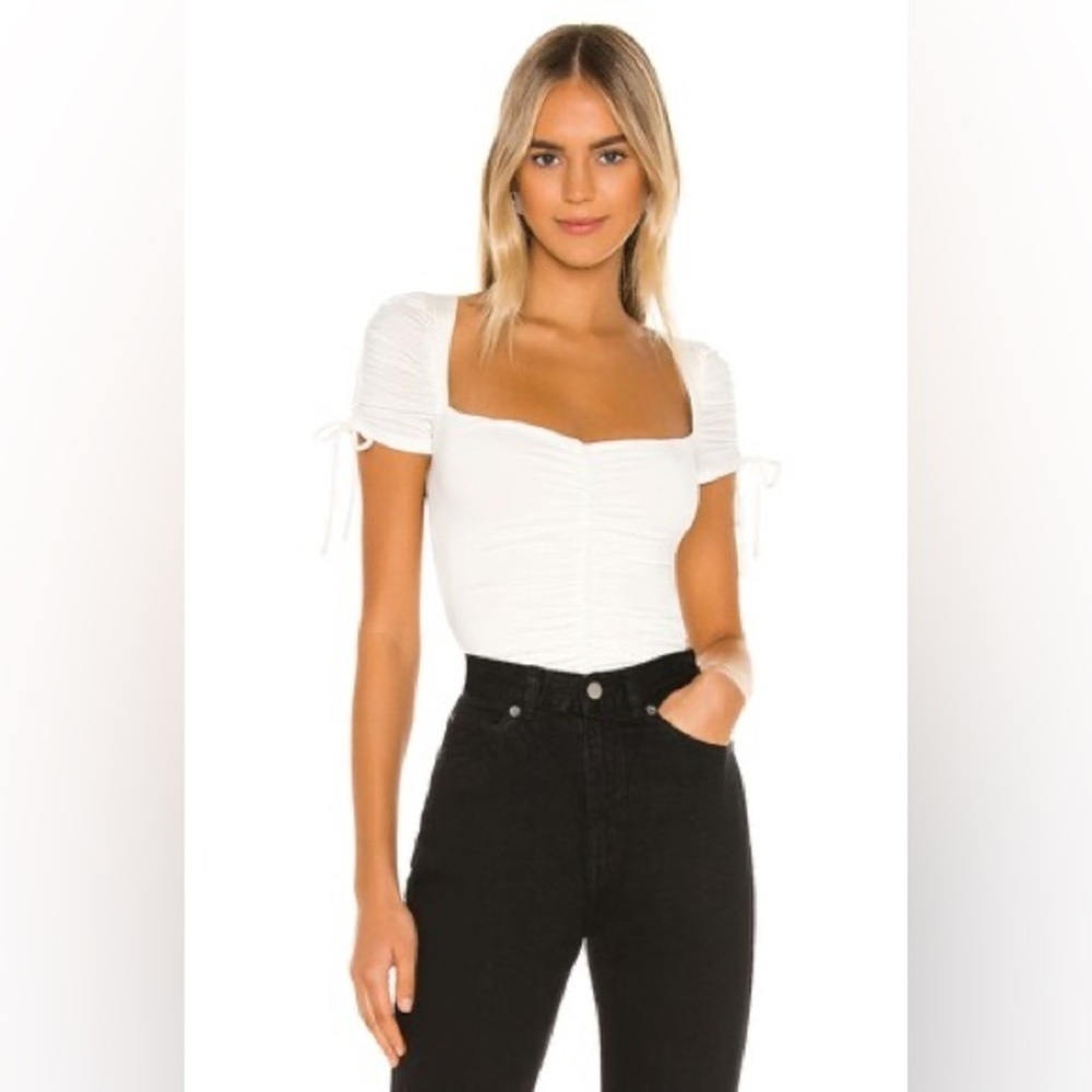 NWT Lovers & Friends Jupiter White Ruched Puff Sleeve Bodysuit size Small